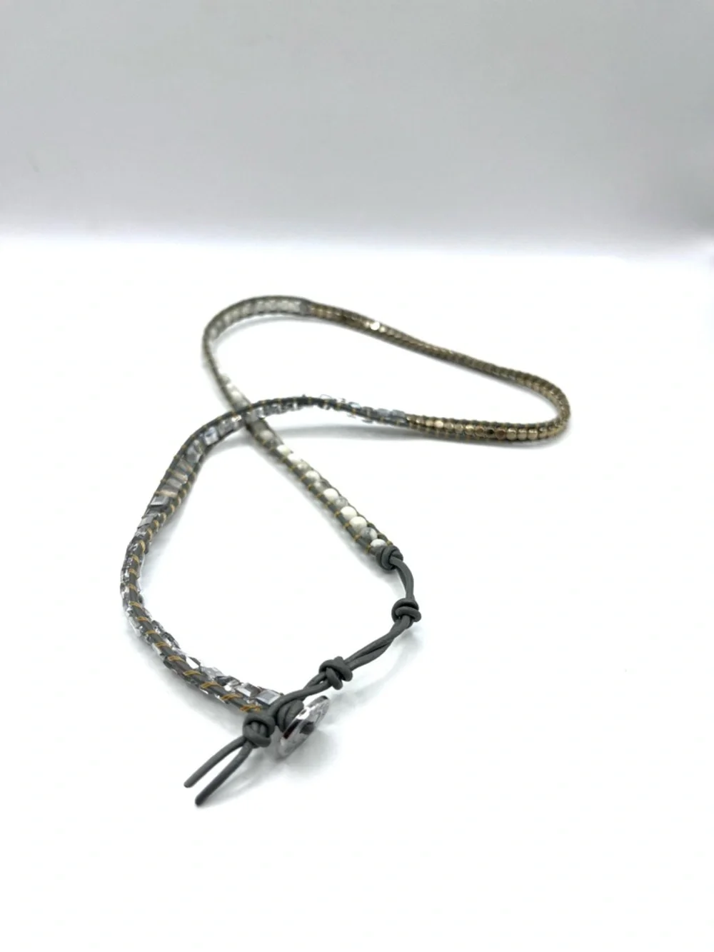 Victoria Emerson White and Gold Multi-Strand Wrap Bracelet Gray Leather